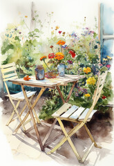 Watercolor style garden scene with rustic table setup, flora. Art, design, tranquil outdoor dining