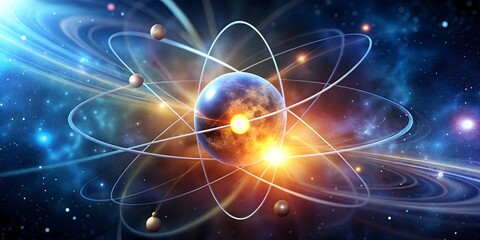 stylized atom model with red nucleus and planets on a dynamic blue backdrop