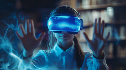 School student with VR headset using AI artificial intelligence technology & machine learning.Interactive technology in classroom. Innovation & smart tech. AI blue hologram in education