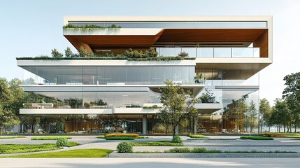 A 3D model of a modern office building with an innovative design, featuring glass facades, open spaces, and rooftop gardens