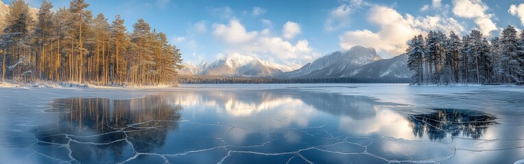 Pristine Frozen Lake with Snow-Covered Pines and Clear Winter Skies
