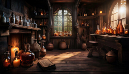 A rustic, dimly lit room with shelves full of glass potion bottles. Candles flicker on wooden surfaces, with a large arched window casting soft light over ancient books and jars.