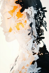 Abstract art featuring a mannequin's side profile adorned with intricate white and black lace patterns, casting a warm, ethereal glow.