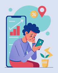 A person scrolling through their investment app on their phone the numbers showing a downward trend causing them to let out a frustrated sigh.. Vector illustration