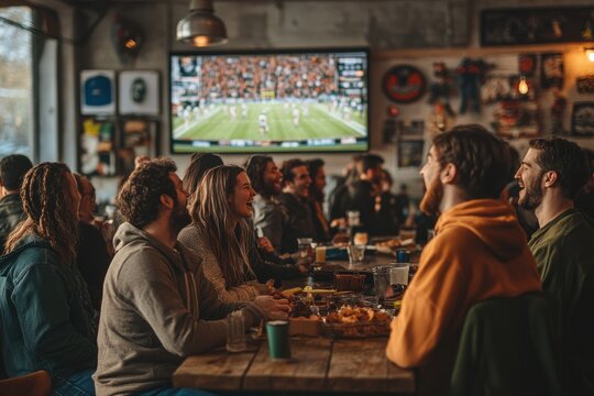 A group of people are watching a football game at a bar