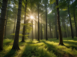 Obraz premium Wild forest illuminated by sun rays.