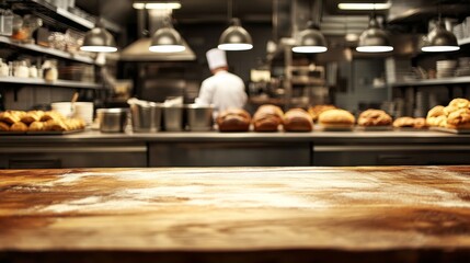 An inviting, warmly lit bakery kitchen displays a variety of freshly baked breads on a wooden counter with a chef working in the background under hanging lights.