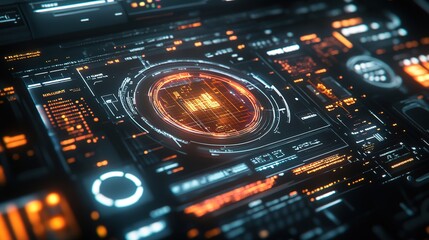 A 3D animated graphic of a digital interface with complex data visualizations, futuristic HUD elements, and smooth transitions