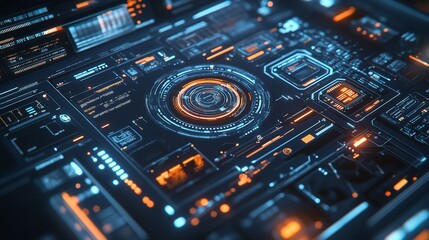 A 3D animated graphic of a digital interface with complex data visualizations, futuristic HUD elements, and smooth transitions