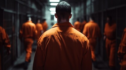 Obraz premium dangerous prisoners, orange uniform, asylum, cinematic, dramatic lighting