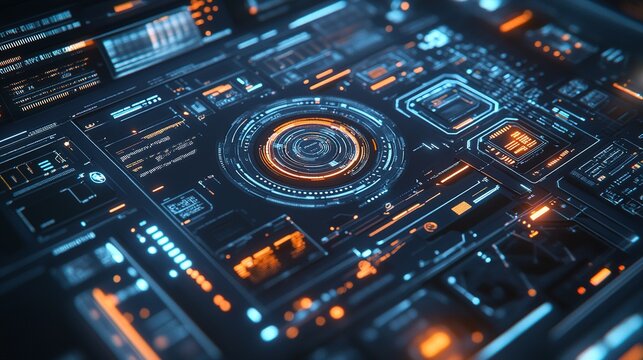A 3D animated graphic of a digital interface with complex data visualizations, futuristic HUD elements, and smooth transitions