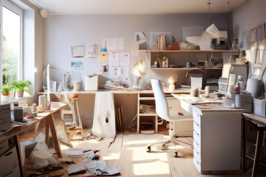 Messy workroom interior illuminated by sunlight.