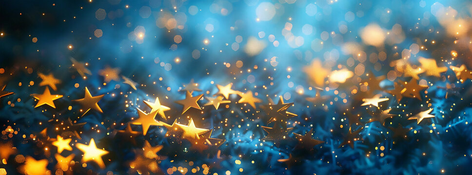 Christmas and New Year background with golden stars and bokeh lights