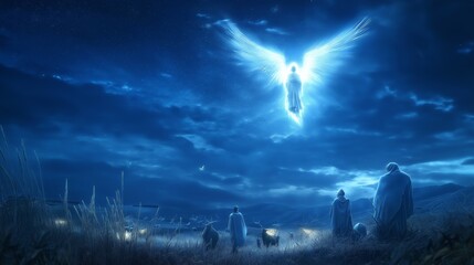 photo of a radiant angel appearing in the night sky above the shepherds in a field, conveying the news of Jesus birth