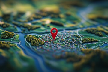 Obraz premium This image showcases a vibrant 3D map with a prominent red location pin, surrounded by detailed representations of rivers, trees, and a small town, ideal for stock use.