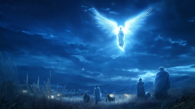 photo of a radiant angel appearing in the night sky above the shepherds in a field, conveying the news of Jesus birth