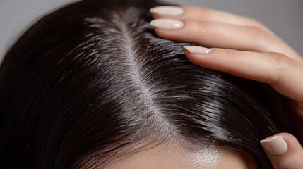 Fototapeta premium A detailed close-up shot of smooth, shiny black hair with a center parting. The hand touches the scalp, highlighting hair texture and healthy appearance, emphasizing care.