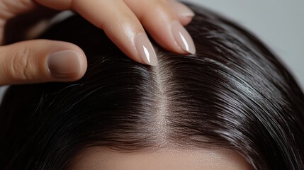 A detailed view of shiny, healthy hair being parted by fingers, showcasing the scalp. Highlights the texture and glossiness of the hair in a natural setting.