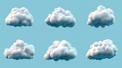 This image displays a set of six fluffy clouds rendered in a soft, cartoonish style set against a light blue background, evoking a sense of calm and creativity.
