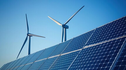 Renewable Energy Wind Turbines and Solar Panels in Scenic Landscape