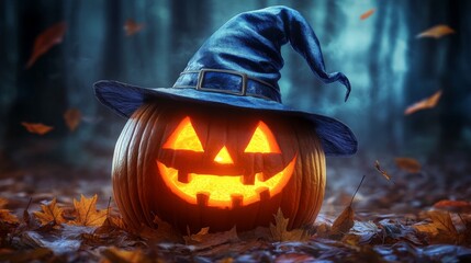 A brightly smiling jack-o'-lantern dons a whimsical witch hat, surrounded by autumn leaves in a mysterious, misty forest. Capturing the essence of Halloween magic.