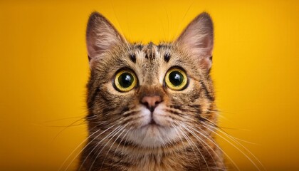 wide eyed cat its pupils dilated in yellow background. Generated image