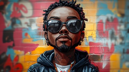 Cool Black Man with Dreadlocks and Sunglasses in Front of Graffiti Wall