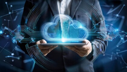 Businessman using tablet to transfer data on cloud computing, seamless data transfer and strong internet security. Generated image