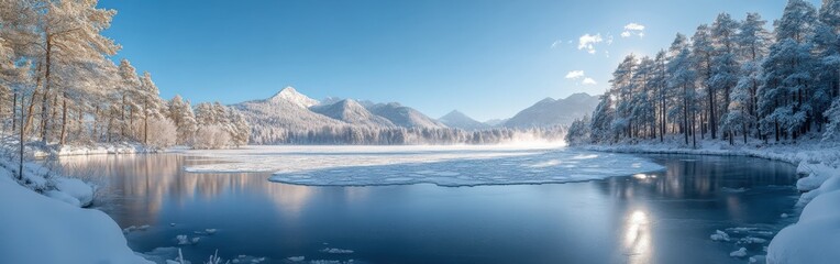 Fototapeta premium Pristine Frozen Lake with Snow-Covered Pines and Clear Winter Skies