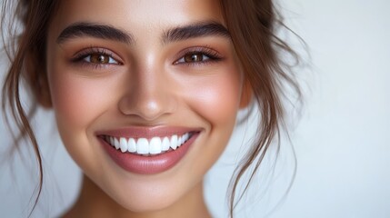 a closeup photo portrait of a beautiful young asian indian model woman smiling with clean teeth. used for a dental ad. isolated on white background. Generative AI