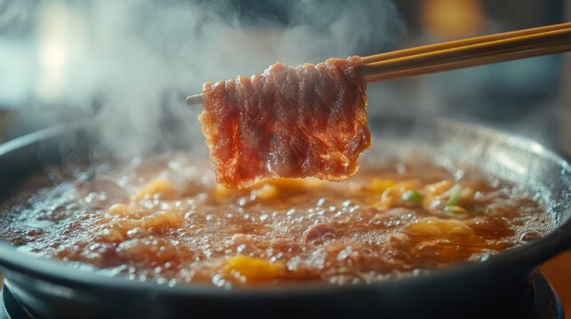 A close-up view of a hot pot, with focus on fresh ingredients being dipped into the boiling broth. Chopsticks holding a piece of thinly sliced beef. Generative AI.