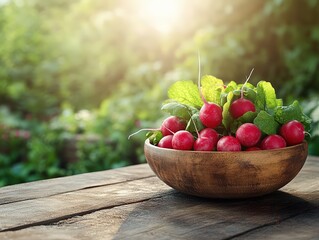 A wooden bowl filled with freshly picked radishes, sitting on a rustic table in a garden, peaceful style with soft natural lighting, realistic rendering.