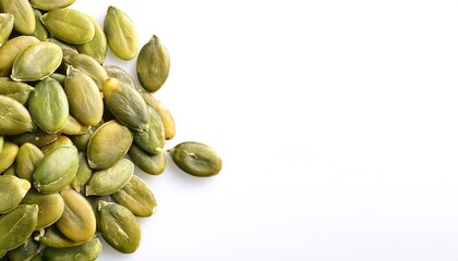 pumpkin seed or pepita are edible and typically flat and oval with one axis of symmetry, have a white outer husk, and are light green after the husk is removed. Isolated on white background