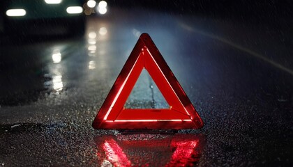 Red warning triangle on the road at night. Generated image