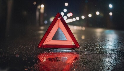 Red warning triangle on the road at night. Generated image