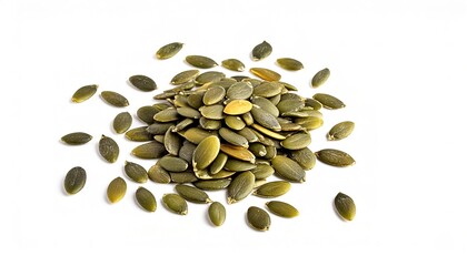pumpkin seed or pepita are edible and typically flat and oval with one axis of symmetry, have a white outer husk, and are light green after the husk is removed. Isolated on white background