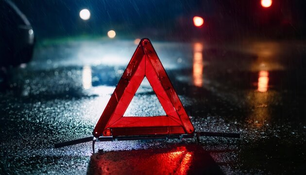 Red warning triangle on the road at night. Generated image