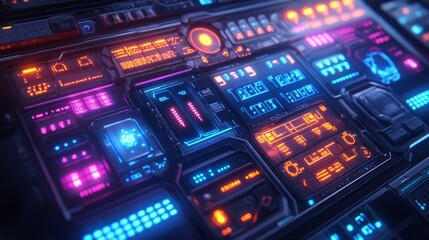 Obraz premium 3D animation of a futuristic control panel with neon light effects