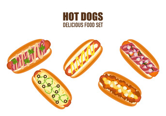 Delicious fast food illustration sets of fast food, homemade hot dogs, sandwiches, sausages, bread, top view, toppings, cooking, and fast food menus are isolated on a white background for advertising.