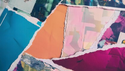 Torn paper collage background with colorful layered posters and copy space. Generated image