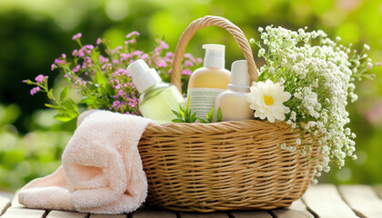 Produtos de spa em cesta de vime com toalhas e flores