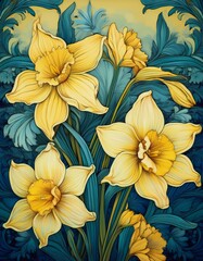 Obraz premium vintage 1890 style wallpaper pattern with spring time daffodils 