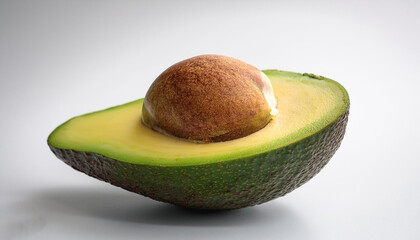 One avocado cut in half, exposing the green flesh and seed.