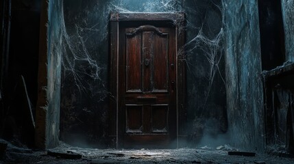 A dimly lit wooden door surrounded by cobwebs in a secluded, abandoned building