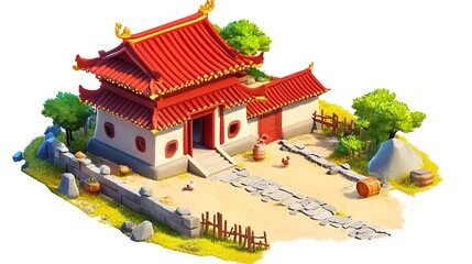 Obraz premium Chinese Traditional Building Illustration, Pagoda House with Red Roof and Stone Path