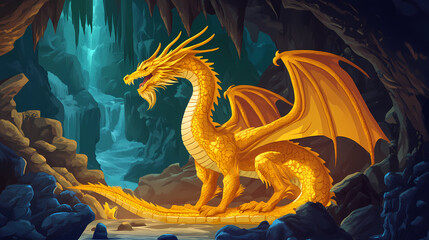 Majestic golden dragon in mythical lair. Dragon's Lair. Illustration