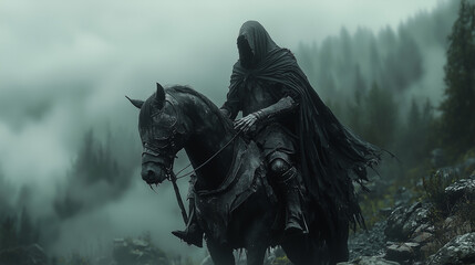 Fototapeta premium male undead knight shrouded in mist, astride a spectral horse in a haunted forest