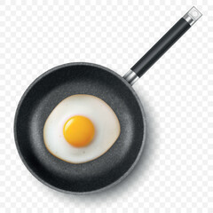 Vector 3d Realistic Fried Egg in the Black Frying Pan, Closeup Isolated, Top View. Design Template of Scrambled Eggs, Fried Egg, Omelette. Delicious Breakfast, Food, Culinary Concept