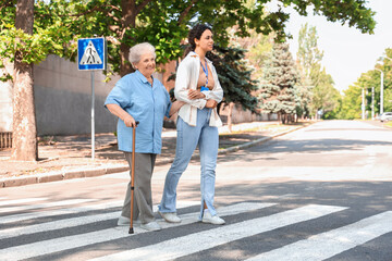 Obraz premium Young African-American female medical worker helping crossing road elderly woman outdoors