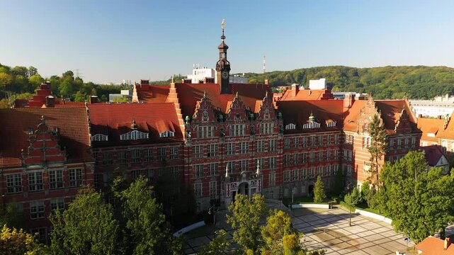 Drone view of the university. Gdansk, Poland. The original architecture of Europe